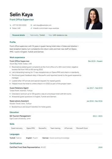 Design Gulf mit Foto und persönlichen Angaben, wie bei Arbeitgebern am Golf üblich