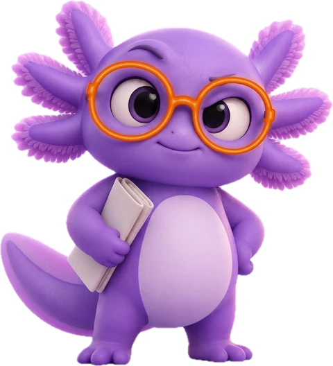 Sivio, der Lebenslauf-Berater der App: ein lila Axolotl mit orangefarbener Brille, der einen aufgerollten Lebenslauf hält